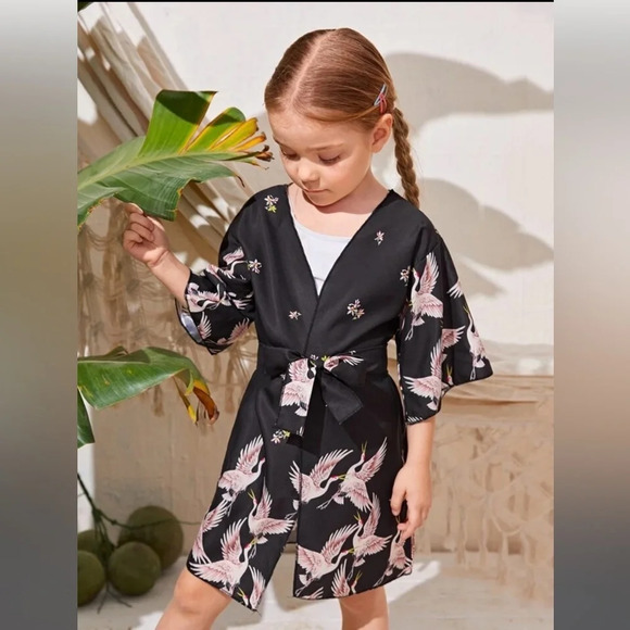 Girls Crane Print Belted Kimono, Size 6 years, NWOT - Picture 1 of 8